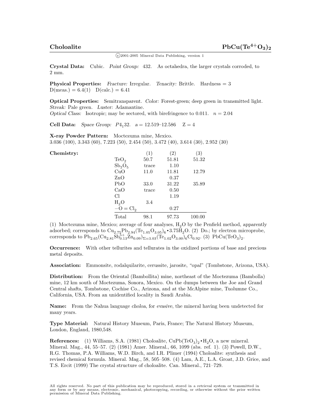 Choloalite Pbcu(Te4+O3)