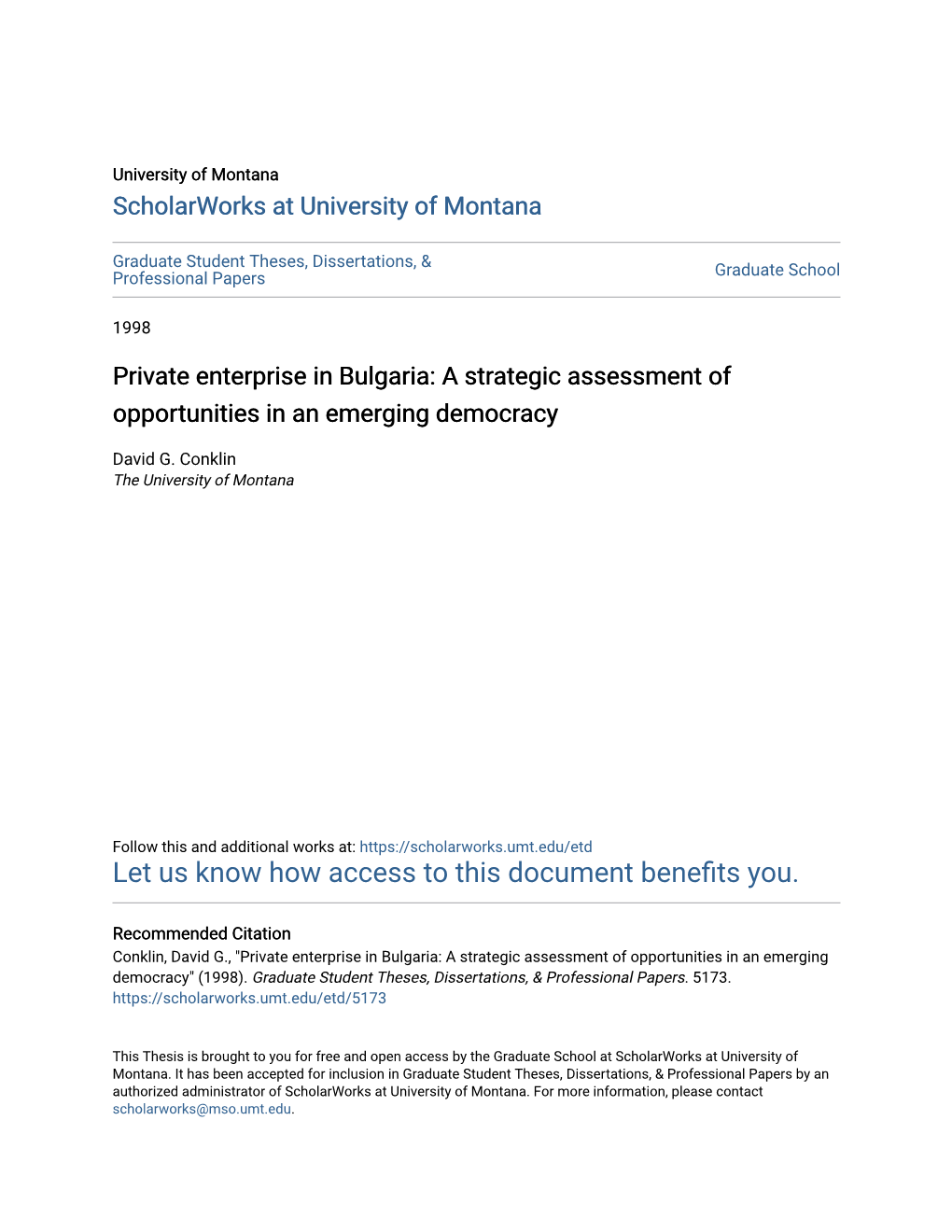 Private Enterprise in Bulgaria: a Strategic Assessment of Opportunities in an Emerging Democracy
