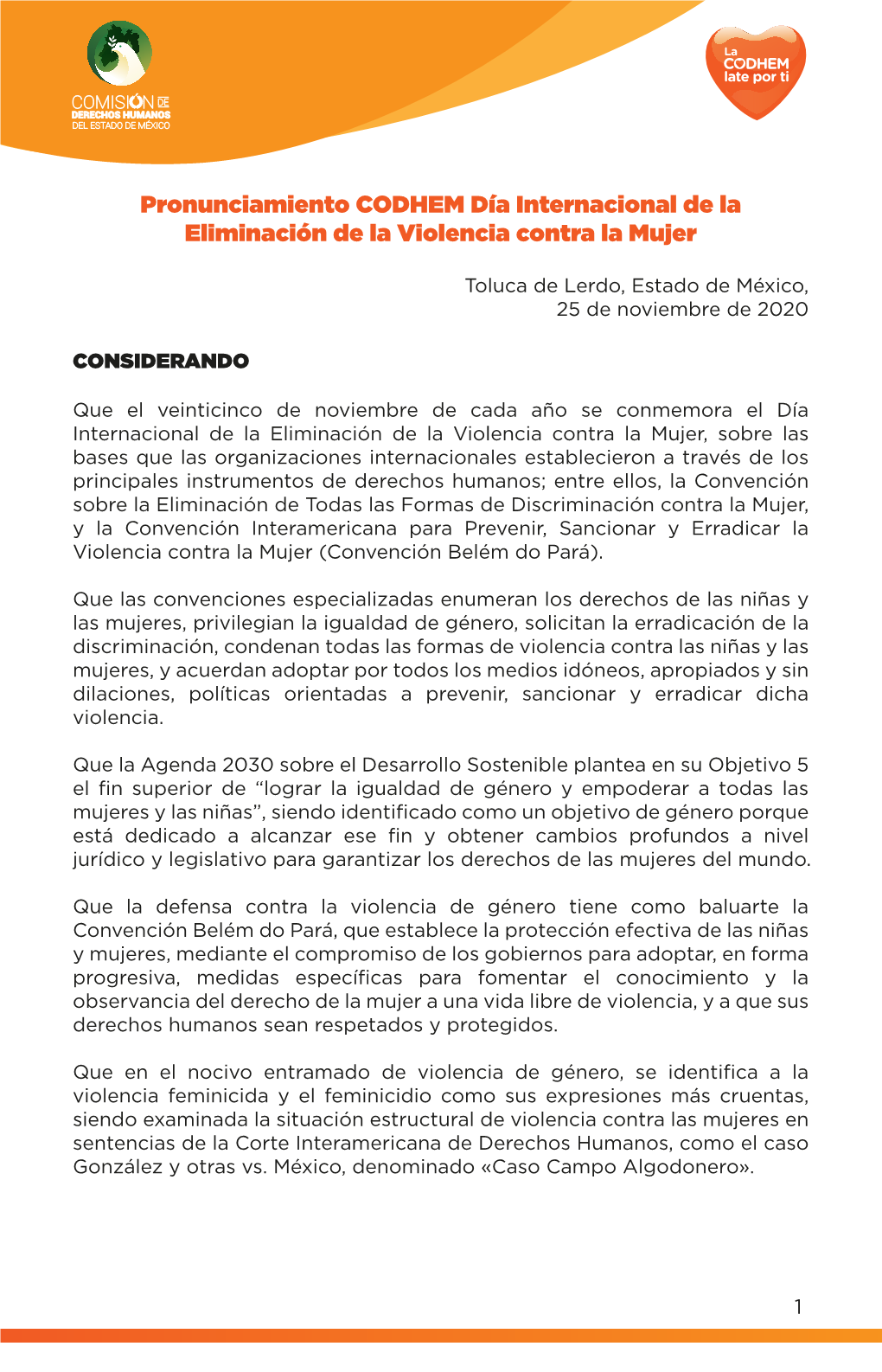 Pronunciamiento CODHEM Día Internacional De La Eliminación De La Violencia Contra La Mujer