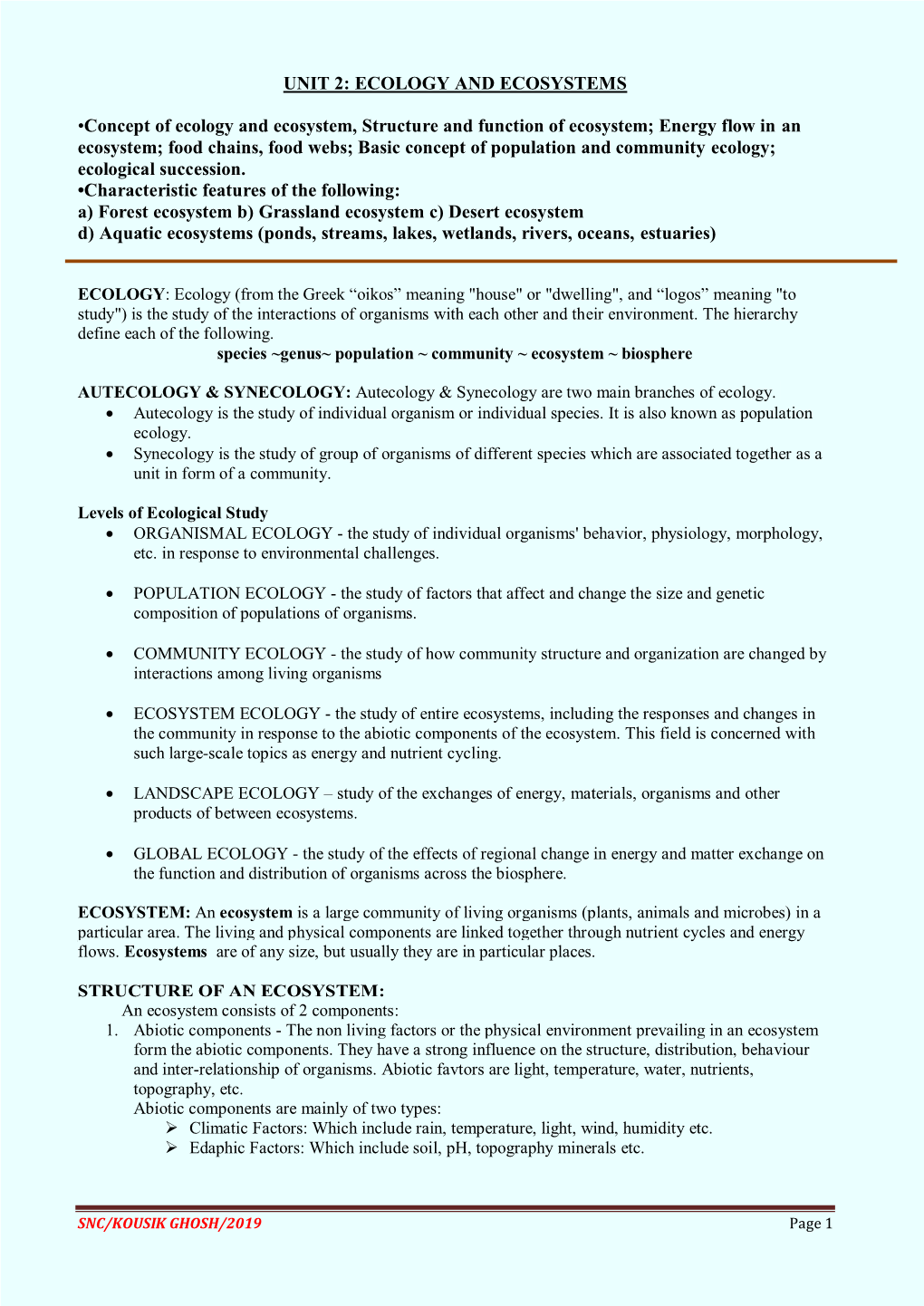 Unit 2: Ecology and Ecosystems