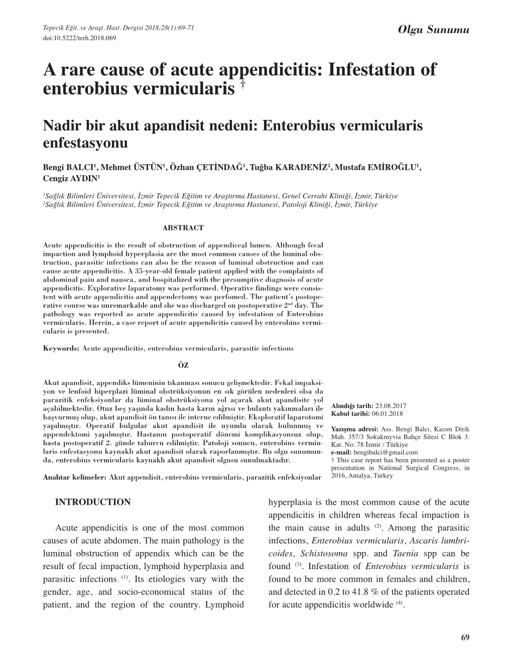 A Rare Cause of Acute Appendicitis: Infestation of Enterobius Vermicularis †