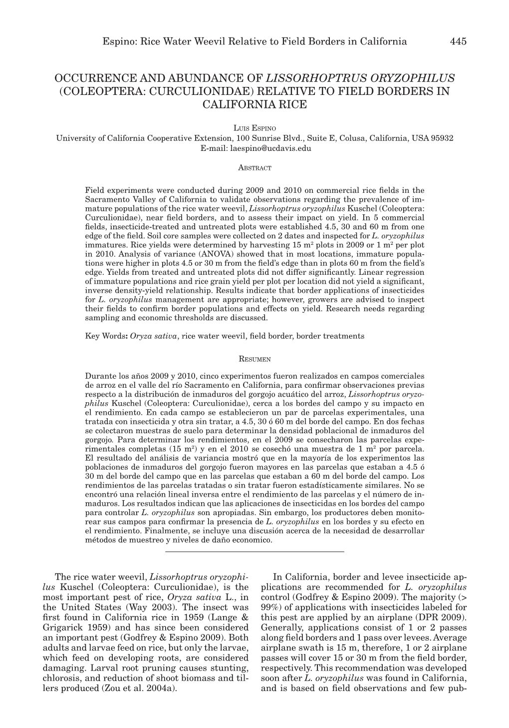 (Coleoptera: Curculionidae) Relative to Field Borders in California Rice