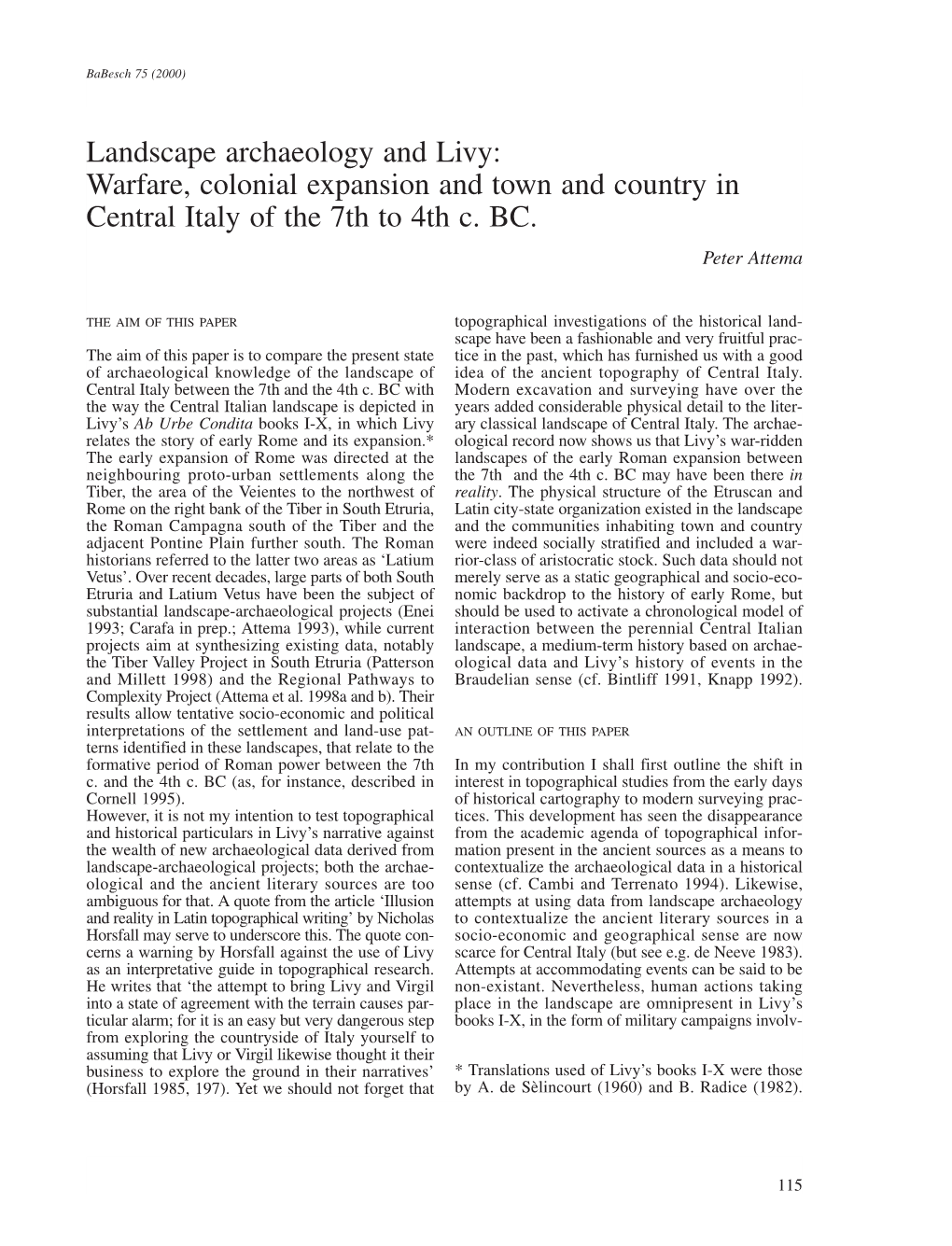 Landscape Archaeology and Livy: Warfare, Colonial Expansion and Town and Country in Central Italy of the 7Th to 4Th C