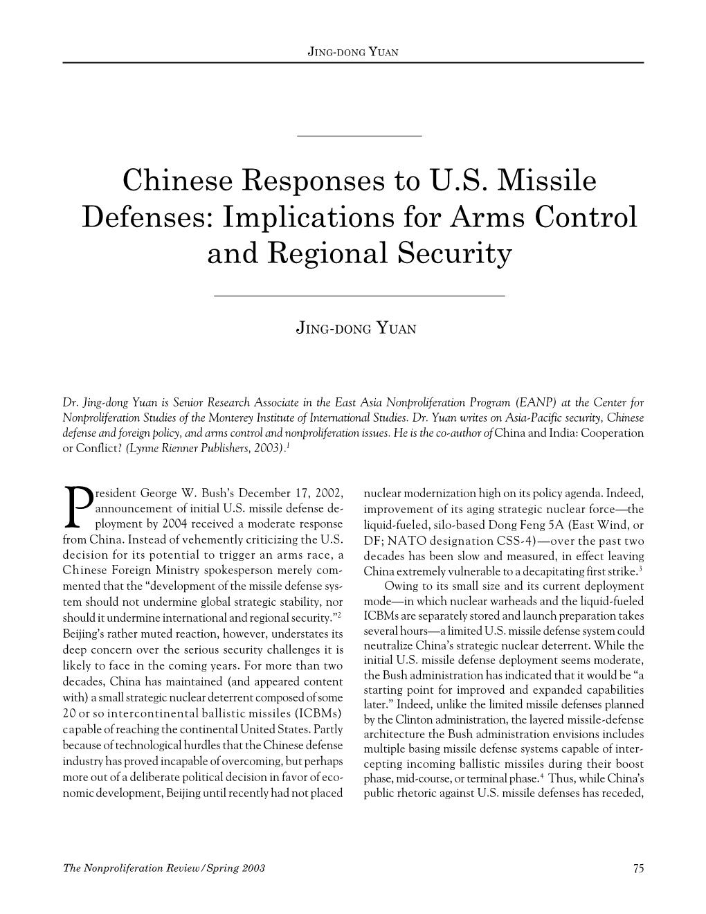 NPR10.1: Chinese Responses to US Missile Defenses