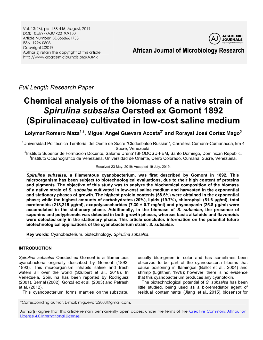 Chemical Analysis of the Biomass of a Native Strain of Spirulina Subsalsa Oersted Ex Gomont 1892 (Spirulinaceae) Cultivated in Low-Cost Saline Medium