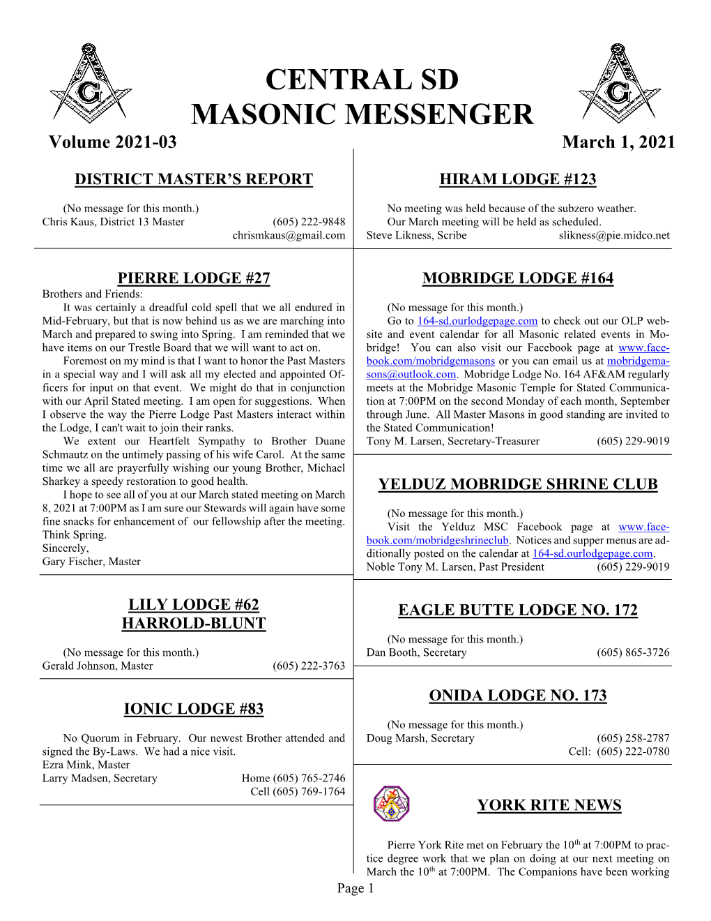 Mar. 2021 Central SD Masonic Messenger