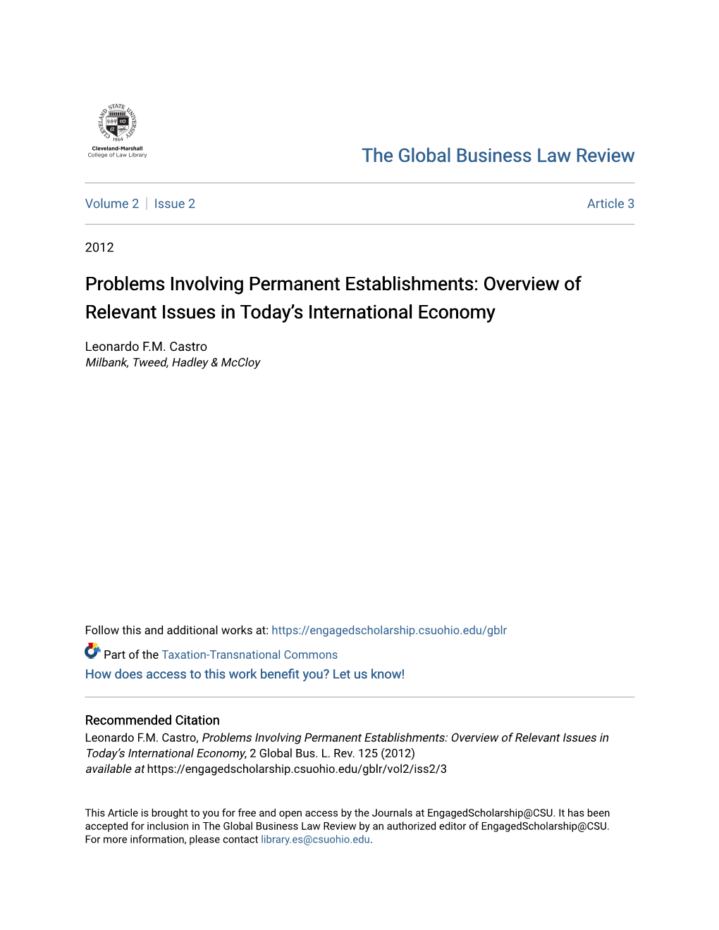 Problems Involving Permanent Establishments: Overview of Relevant Issues in Today’S International Economy