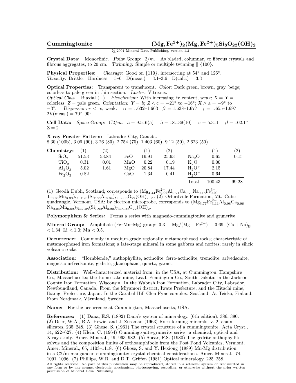 Cummingtonite (Mg; Fe )2(Mg; Fe )5Si8o22(OH)2 C 2001 Mineral Data Publishing, Version 1.2 ° Crystal Data: Monoclinic