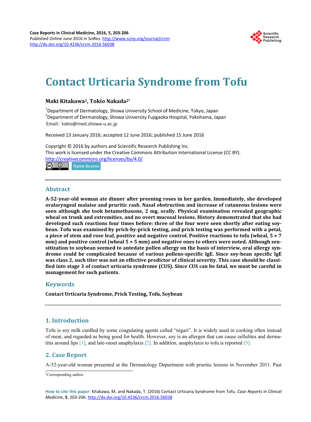 Contact Urticaria Syndrome from Tofu, Case Reports in Clinical Medicine