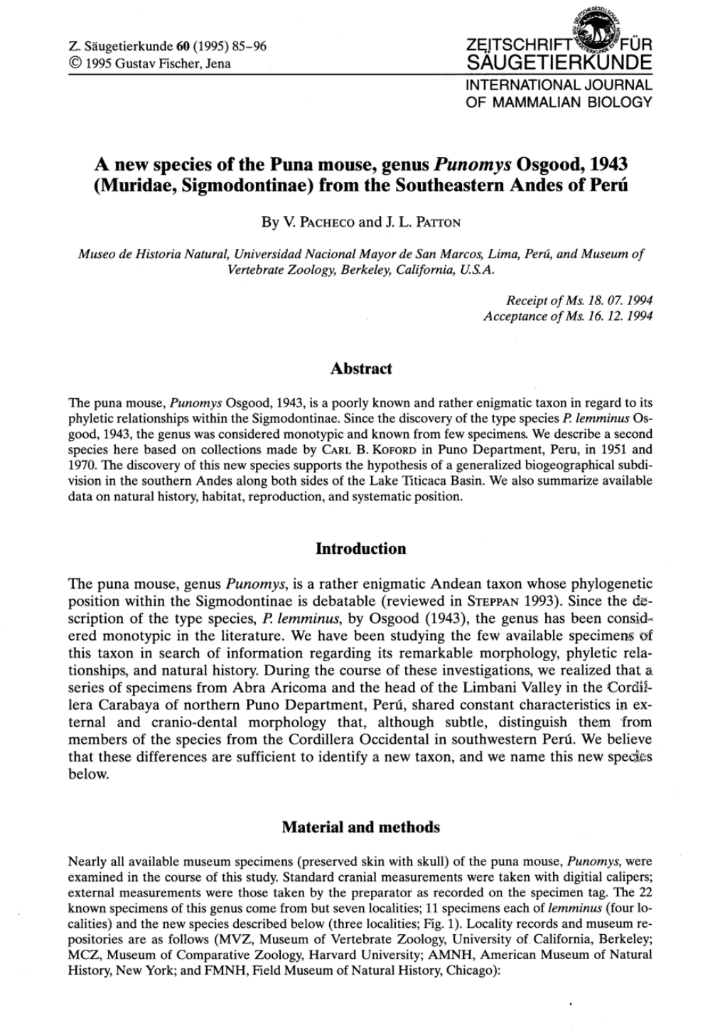 A New Species of the Puna Mouse, Genus Punomys Osgood, 1943 (Muridae, Sigmodontinae) from the Southeastern Andes of Peru