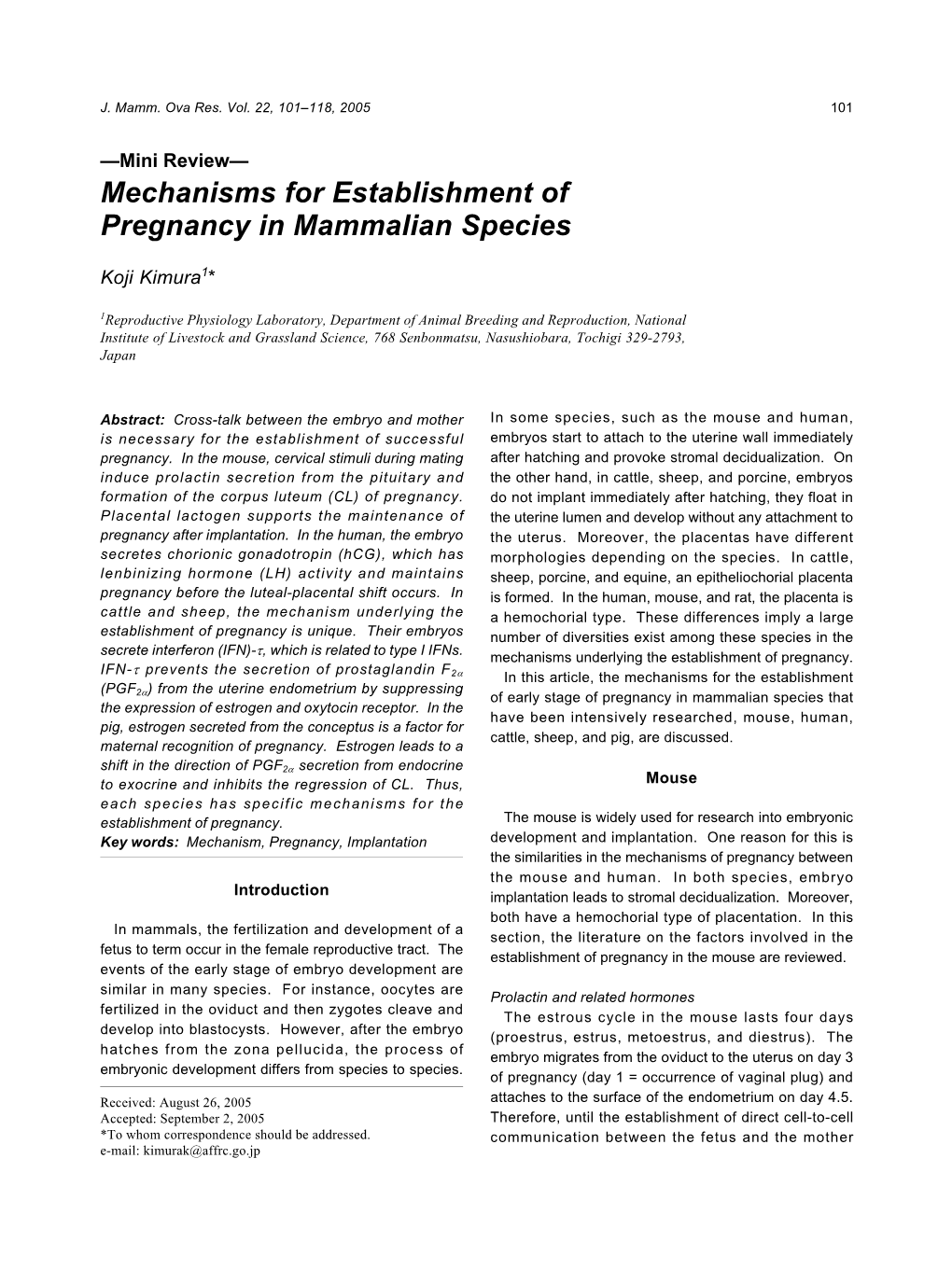 Mechanisms for Establishment of Pregnancy in Mammalian Species