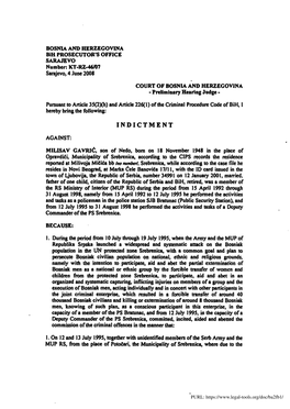 BOSNIA and HERZEGOVINA Bir PROSECUTOR's OFFICE SARAJEVO Number: KT -RZ-46IO'7 Sarajevo, 4 June 2008