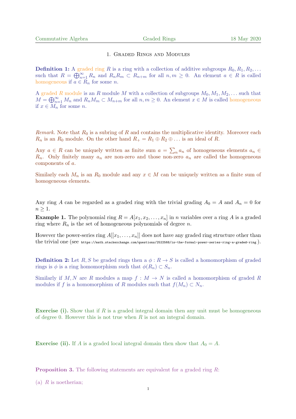 Commutative Algebra Graded Rings 18 May 2020