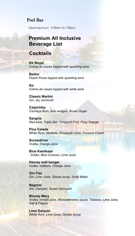 Premium All Inclusive Beverage List Cocktails