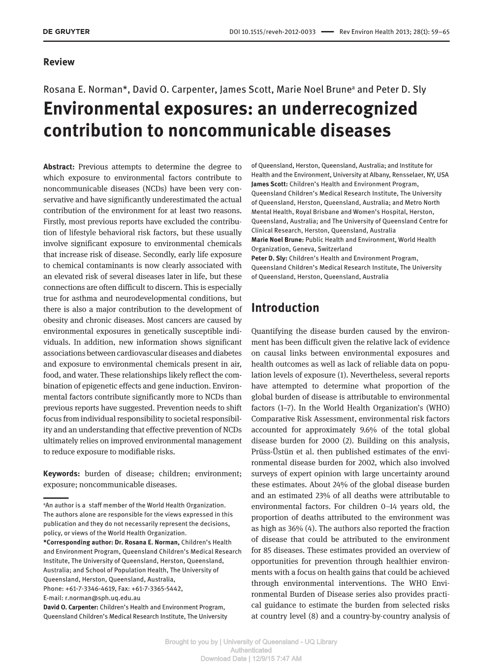 Environmental Exposures: an Underrecognized Contribution to Noncommunicable Diseases