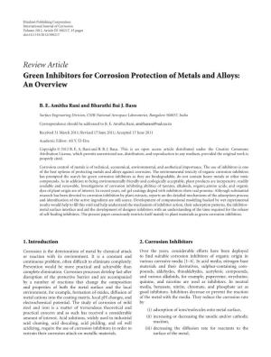Review Article Green Inhibitors for Corrosion Protection of Metals and Alloys: an Overview