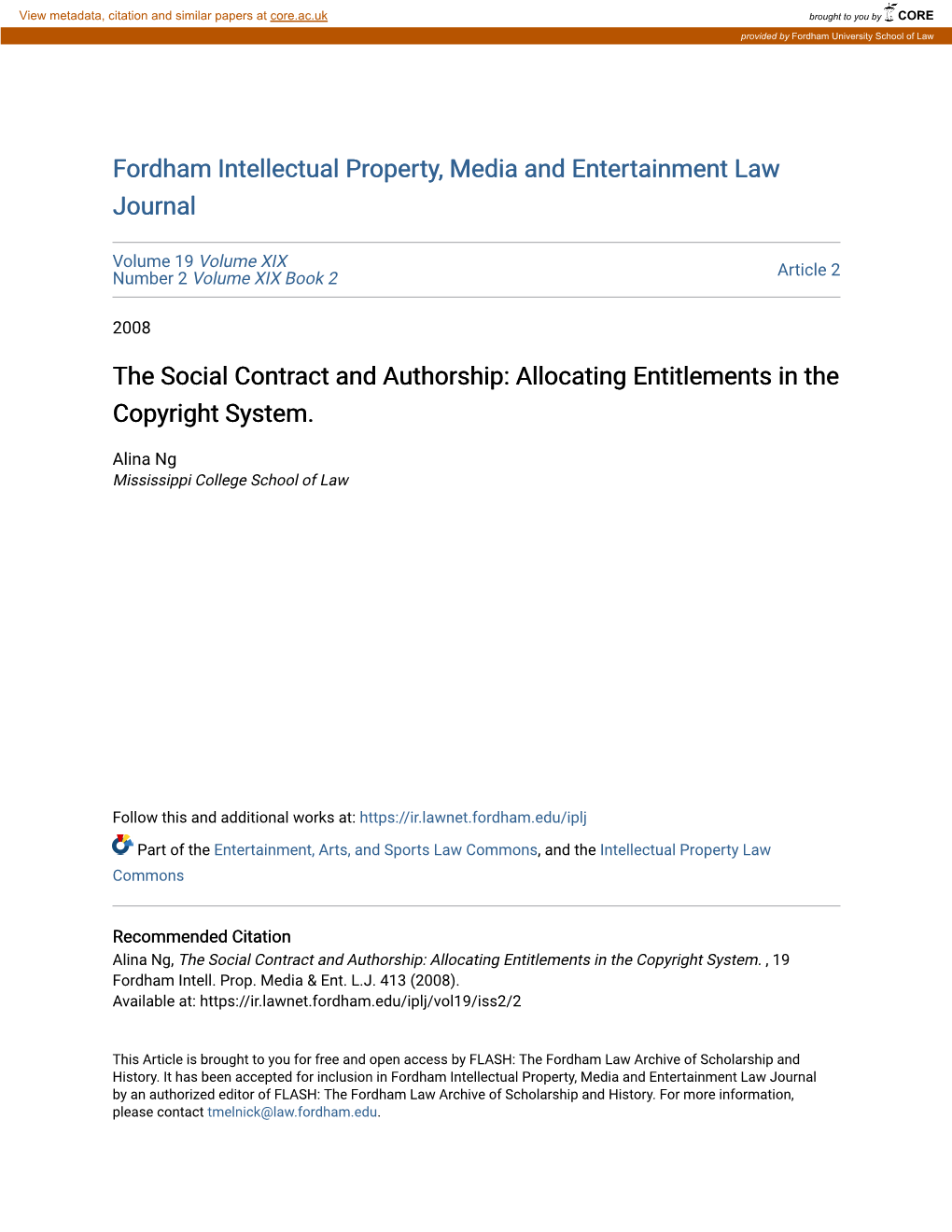 The Social Contract and Authorship: Allocating Entitlements in the Copyright System