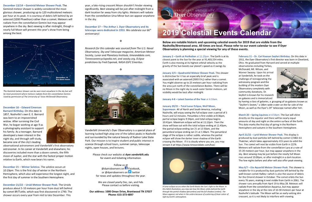 2019 Celestial Events Calendar NASA V Below Are Notable Historic and Upcoming Celestial Events for 2019 That Are Visible from the Nashville/Brentwood Area