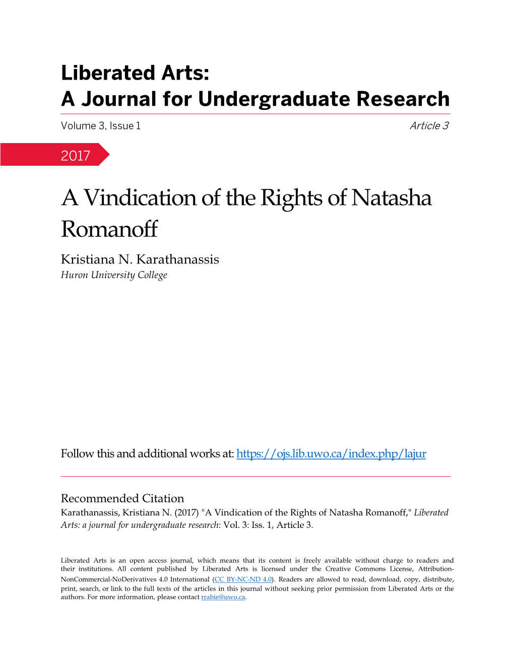A Vindication of the Rights of Natasha Romanoff Kristiana N
