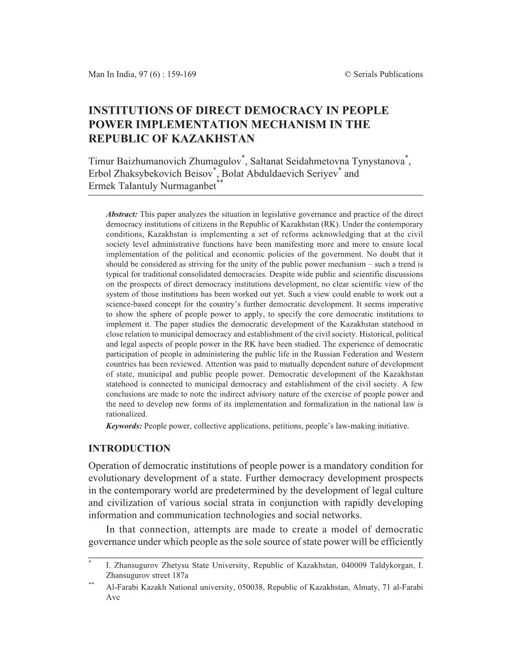 Institutions of Direct Democracy in People Power Implementation Mechanism in the Republic of Kazakhstan