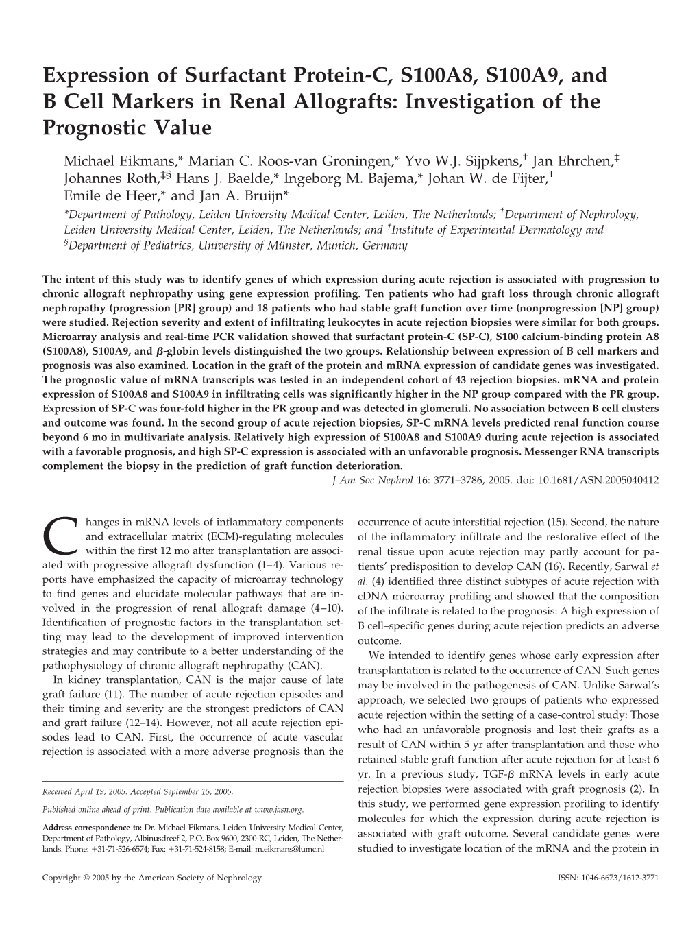 Expression of Surfactant Protein-C, S100A8, S100A9, and B Cell Markers in Renal Allografts: Investigation of the Prognostic Value