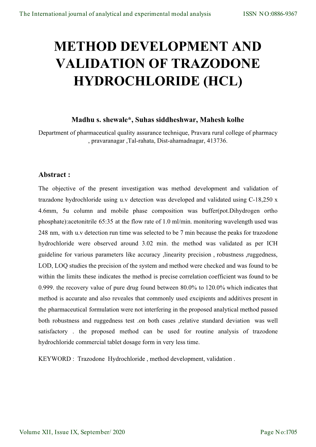 Method Development and Validation of Trazodone Hydrochloride (Hcl)