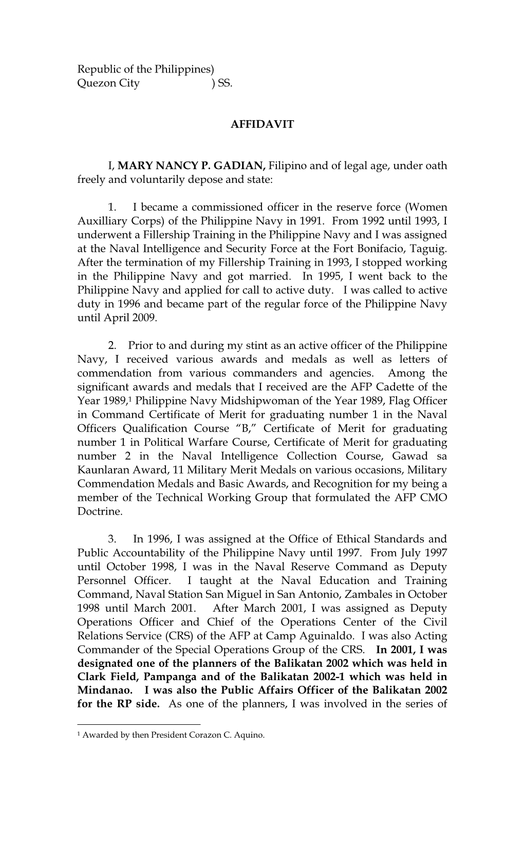 Republic of the Philippines) Quezon City ) SS. AFFIDAVIT I, MARY