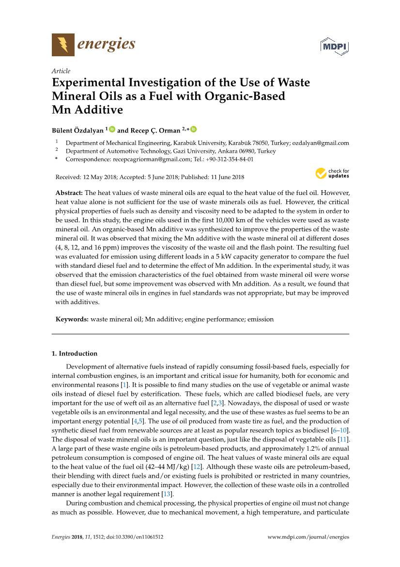 Experimental Investigation of the Use of Waste Mineral Oils As a Fuel with Organic-Based Mn Additive