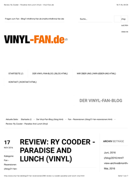 Review: Ry Cooder - Paradise and Lunch (Vinyl) - Vinyl-Fans.De 18.11.16, 09�29