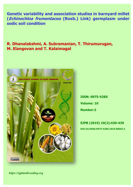 Genetic Variability and Association Studies in Barnyard Millet (Echinochloa Frumentacea (Roxb.) Link) Germplasm Under Sodic Soil Condition