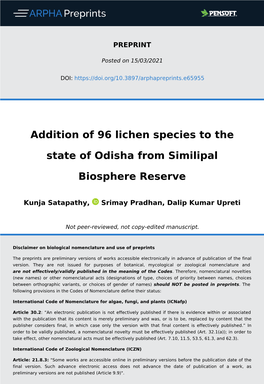 Addition of 96 Lichen Species to the State of Odisha from Similipal Biosphere Reserve