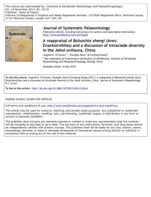 A Reappraisal of Boluochia Zhengi (Aves: Enantiornithes) and a Discussion of Intraclade Diversity in the Jehol Avifauna, China Jingmai K