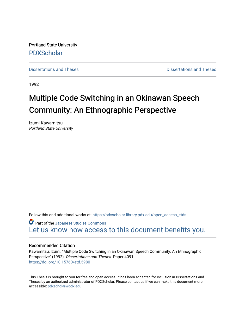 Multiple Code Switching in an Okinawan Speech Community: an Ethnographic Perspective