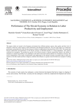 Performance of the Slovak Economy in Relation to Labor Productivity and Employment
