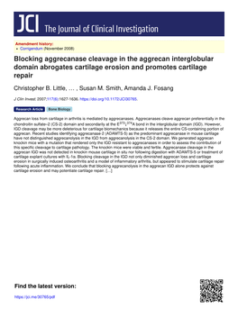 Blocking Aggrecanase Cleavage in the Aggrecan Interglobular Domain Abrogates Cartilage Erosion and Promotes Cartilage Repair