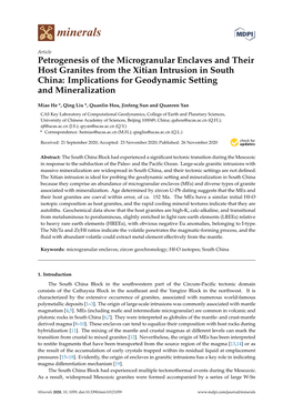 Petrogenesis of the Microgranular Enclaves and Their Host Granites from the Xitian Intrusion in South China: Implications for Geodynamic Setting and Mineralization