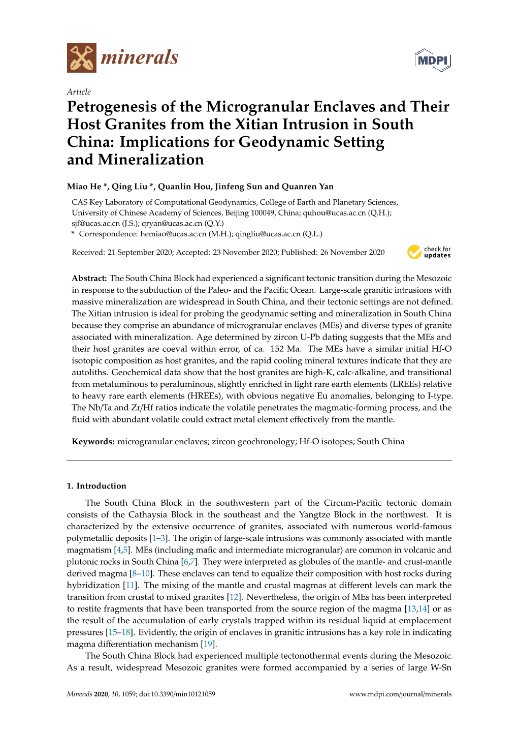 Petrogenesis of the Microgranular Enclaves and Their Host Granites from the Xitian Intrusion in South China: Implications for Geodynamic Setting and Mineralization