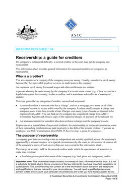 Receivership: a Guide for Creditors (ASIC: Information Sheet