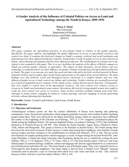 A Gender Analysis of the Influence of Colonial Policies on Access to Land and Agricultural Technology Among the Nandi in Kenya, 1895-1954