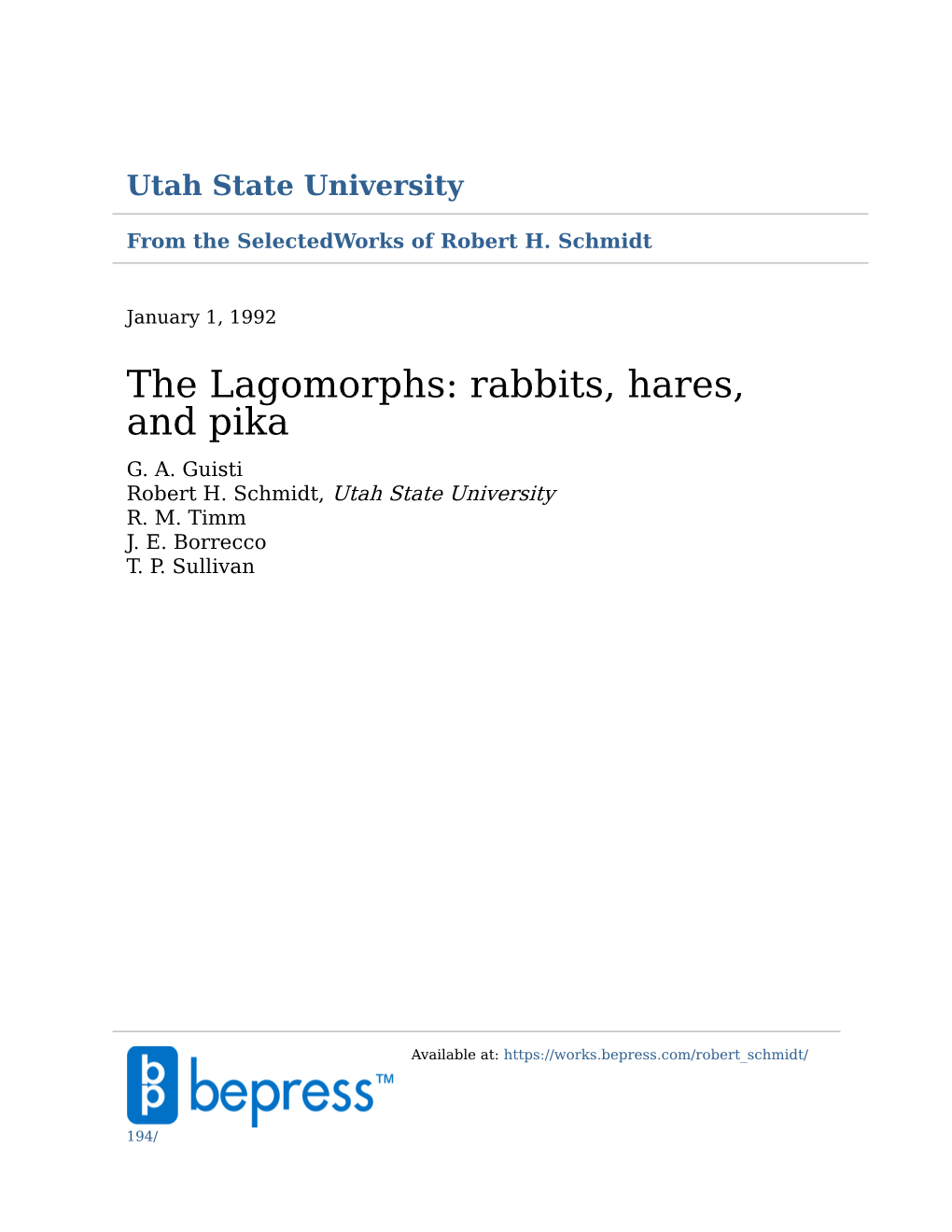 The Lagomorphs: Rabbits, Hares, and Pika G