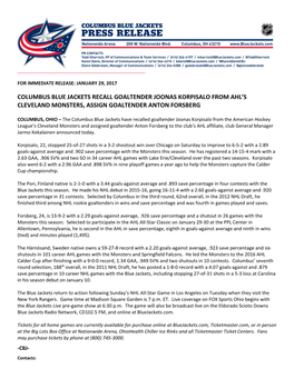 Columbus Blue Jackets Recall Goaltender Joonas Korpisalo from Ahl’S Cleveland Monsters, Assign Goaltender Anton Forsberg
