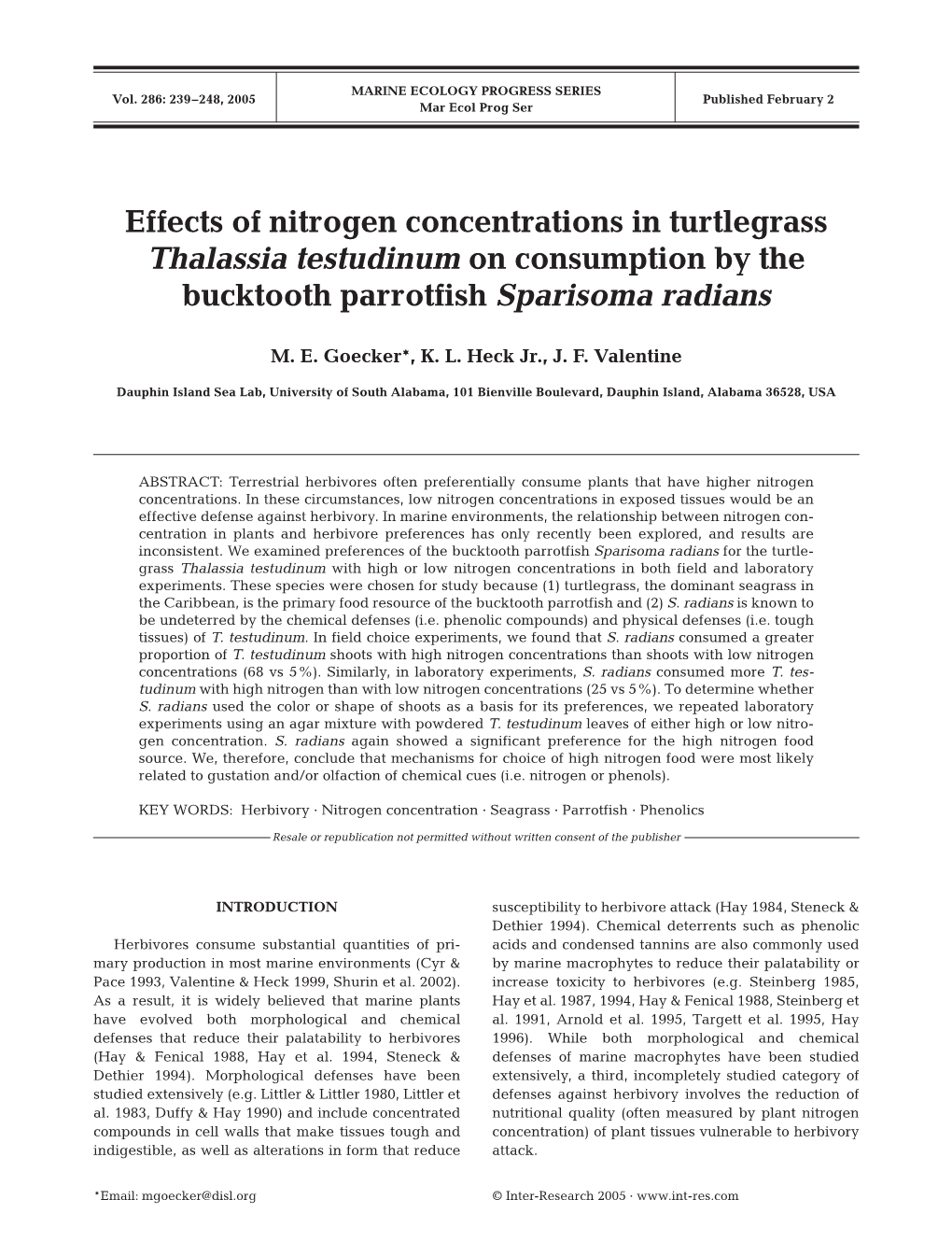 Effects of Nitrogen Concentrations in Turtlegrass Thalassia Testudinum on Consumption by the Bucktooth Parrotfish Sparisoma Radians