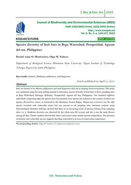 Species Diversity of Fruit Bats in Bega Watershed, Prosperidad, Agusan Del Sur, Philippines