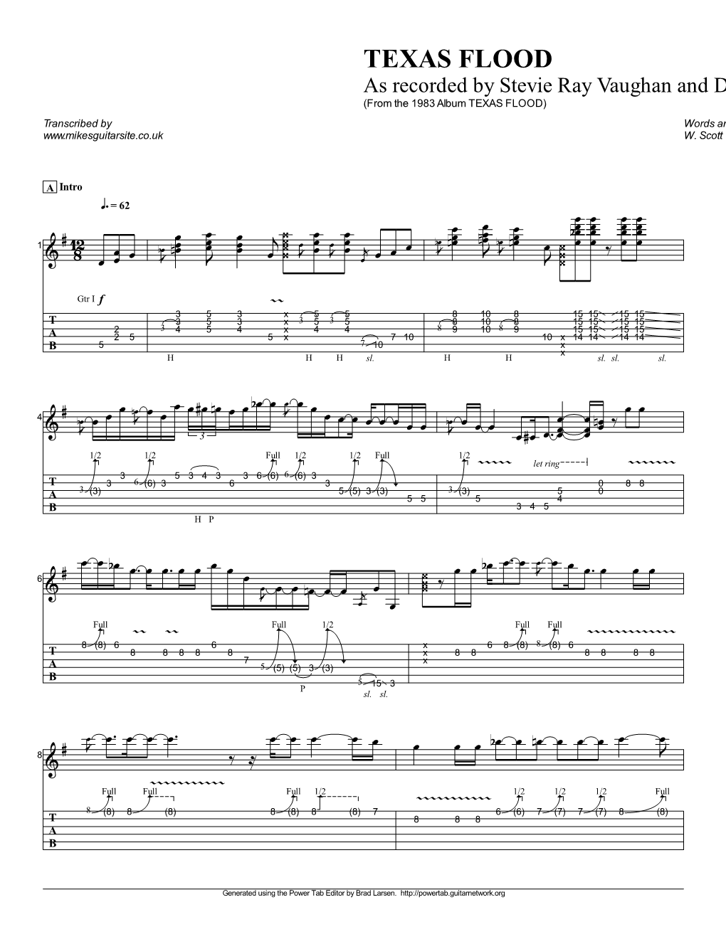TEXAS FLOOD As Recorded by Stevie Ray Vaughan and Double Trouble (From the 1983 Album TEXAS FLOOD) Transcribed by Words and Music by Larry C