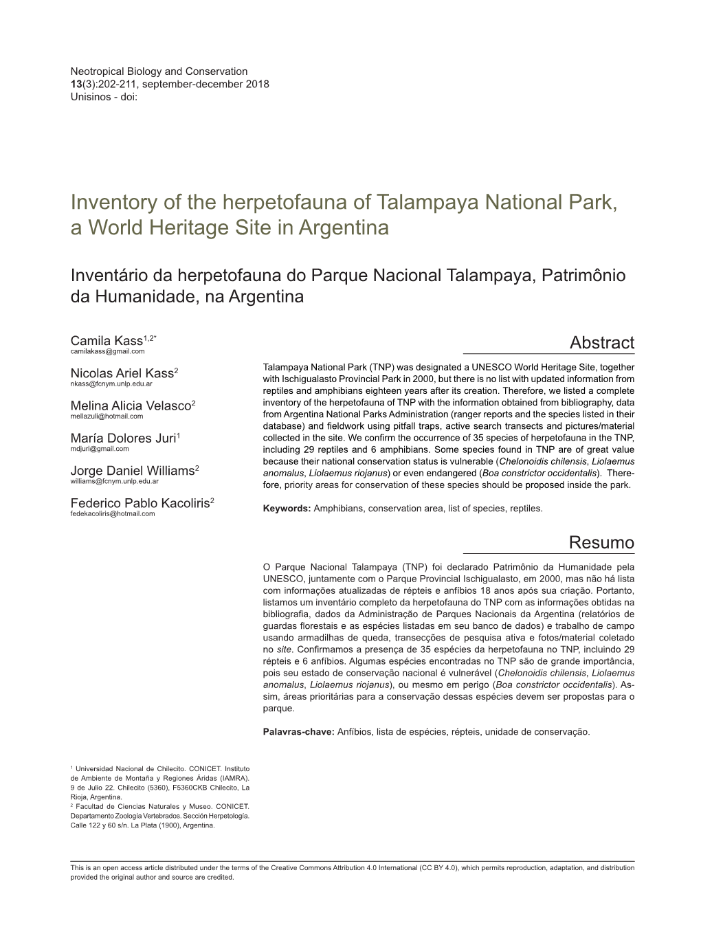 Inventory of the Herpetofauna of Talampaya National Park, a World Heritage Site in Argentina