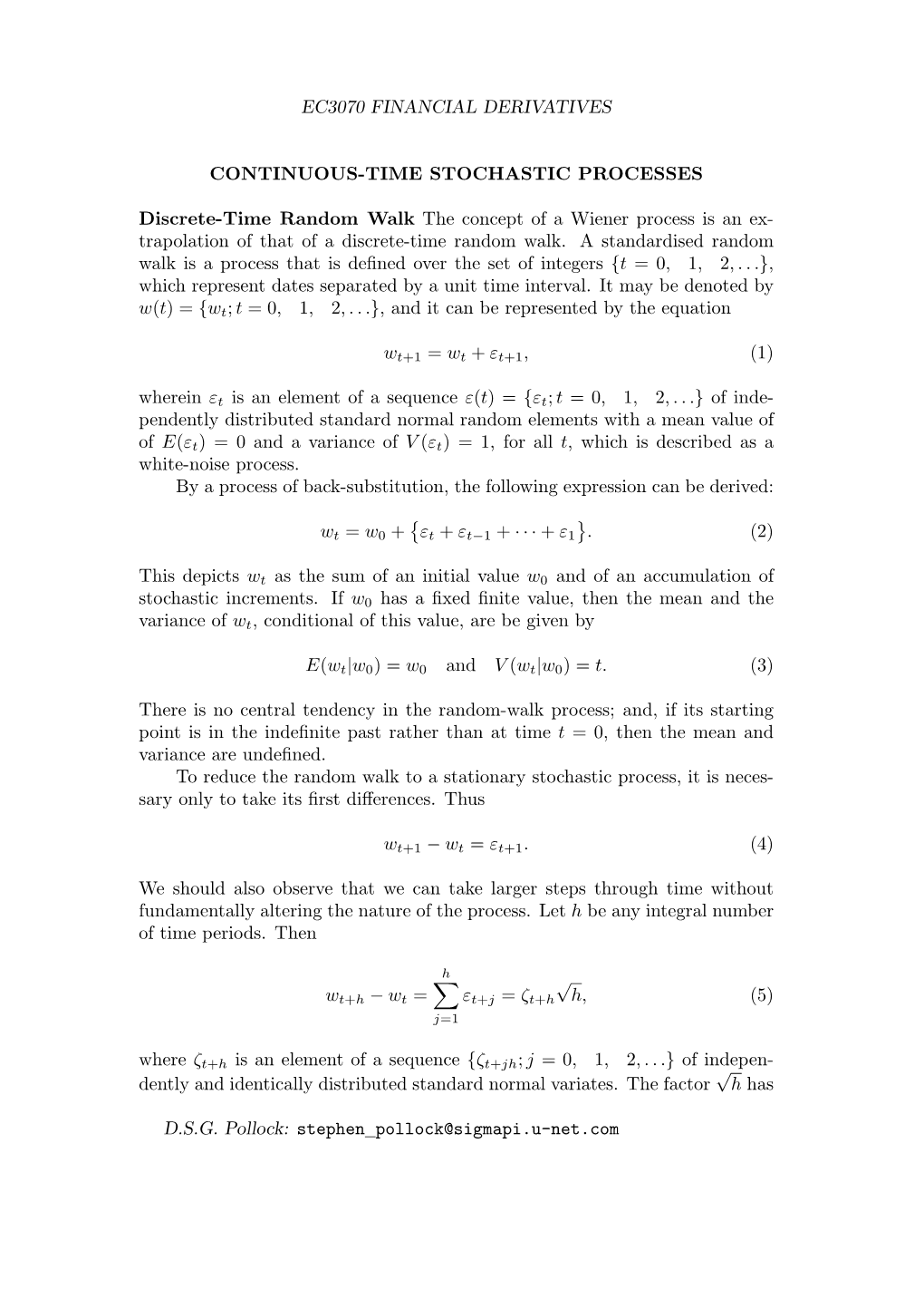 Ec3070 Financial Derivatives Continuous-Time Stochastic