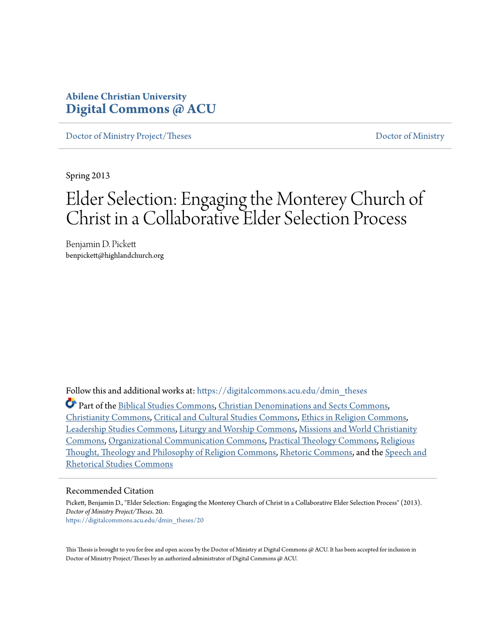 Engaging the Monterey Church of Christ in a Collaborative Elder Selection Process Benjamin D