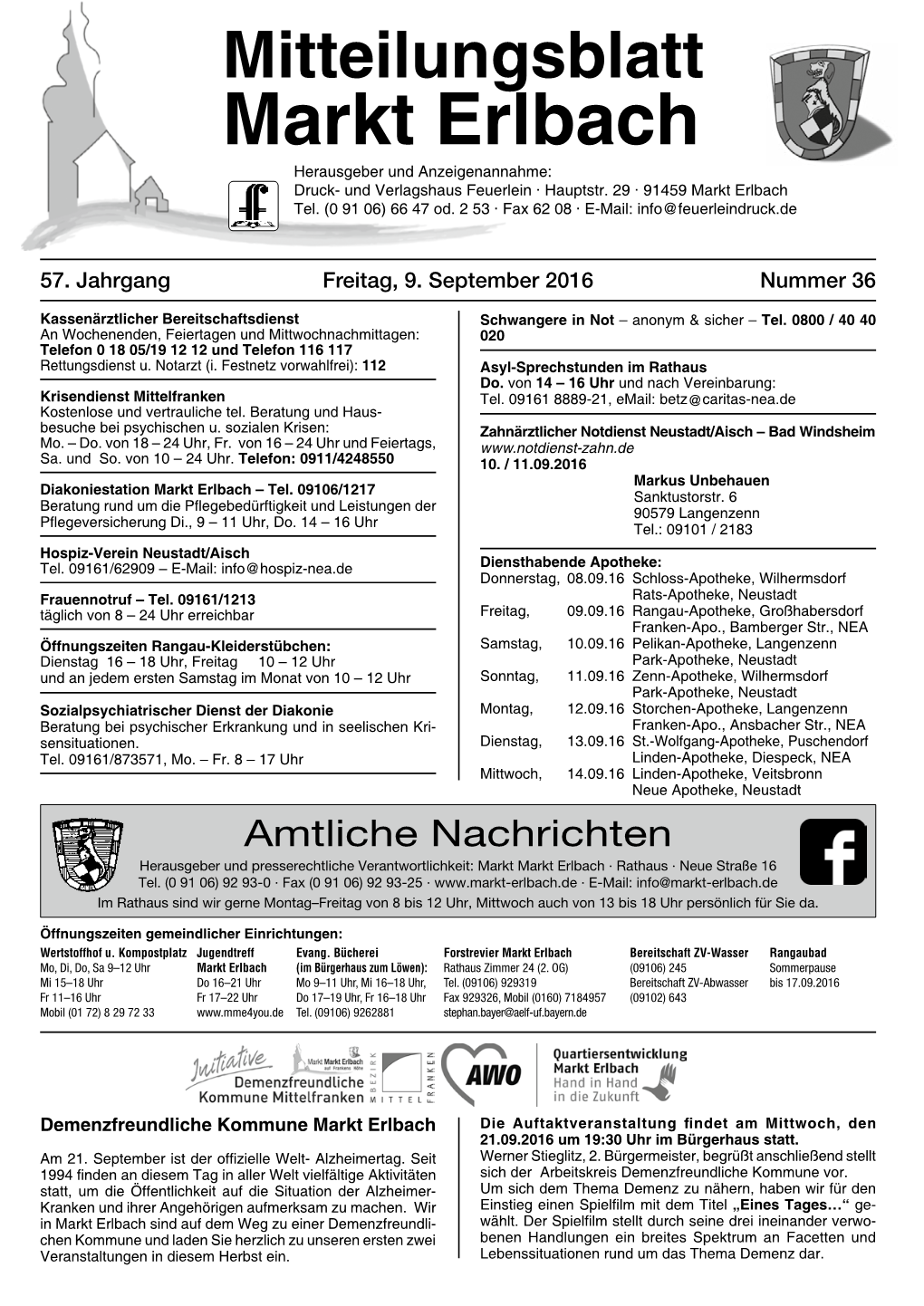 Mitteilungsblatt Markt Erlbach Herausgeber Und Anzeigenannahme: Druck- Und Verlagshaus Feuerlein · Hauptstr