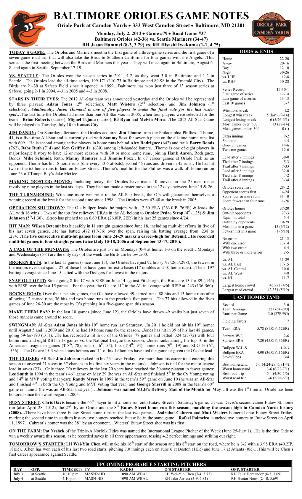 BALTIMORE ORIOLES GAME NOTES Oriole Park at Camden Yards  333 West Camden Street  Baltimore, MD 21201