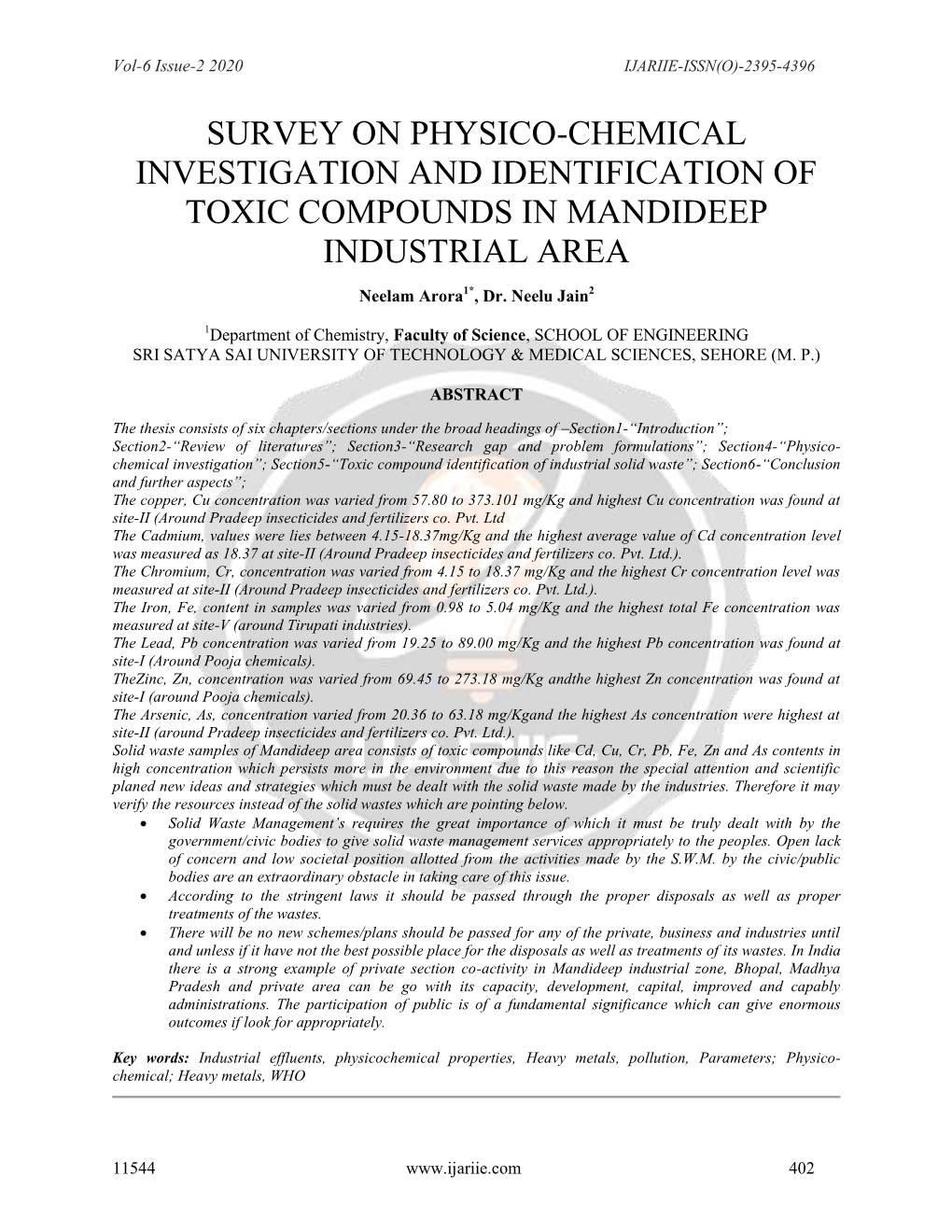 Survey on Physico-Chemical Investigation and Identification of Toxic Compounds in Mandideep Industrial Area